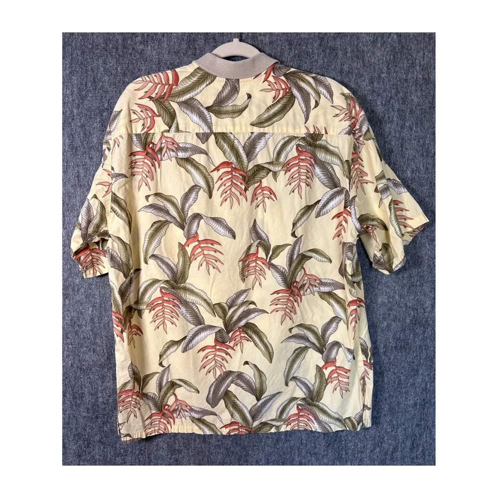 Tori Richard Mens Large Yellow Tropical Heliconia Palm Print Polo Hawaiian Shirt